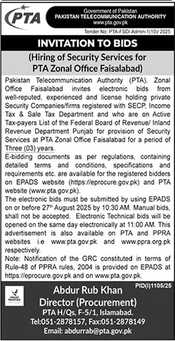 Pakistan Telecommunication Authority Islamabad Tender Notice